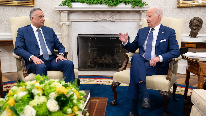 US President Joe Biden (right) speaks with Iraqi Prime Minister Mustafa Al-Kadhimi at the White House in Washington, DC, July 26, 2021. (Photo: Saul Loeb/AFP)