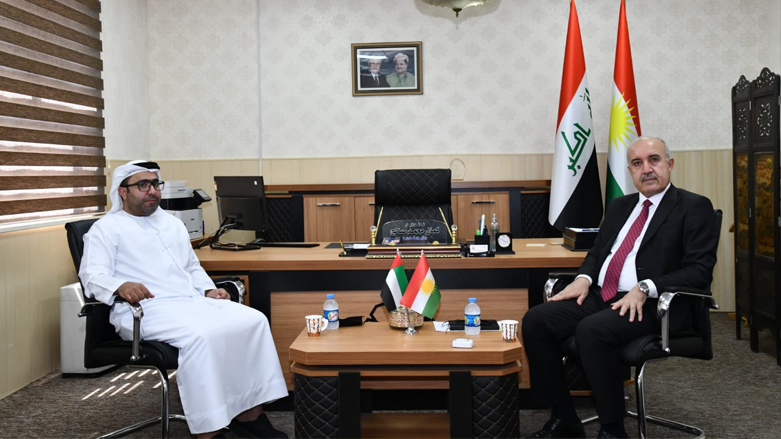 The KRG Electricity Minister Kamal Mohammad Salih (right) is pictured during his meeting with UAE envoy to Kurdistan Region Ahmed Ibrahim Al-Dahri (left) in Erbil, July 29, 2021. (Photo: Ministry of electricity/Facebook)