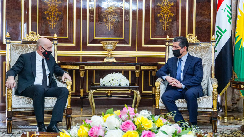 Kurdistan Region Prime Minister Masrour Barzani (right) meets with Turkey's new Ambassador to Iraq, Ali Riza Guney, July 29, 2021. (Photo: KRG)