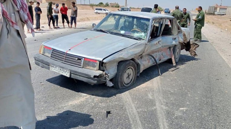 An alleged Turkish drone targeted vehicles on the Kobani-Aleppo road in northern Syria on July 30, 2021. (Photo: ANHA)
