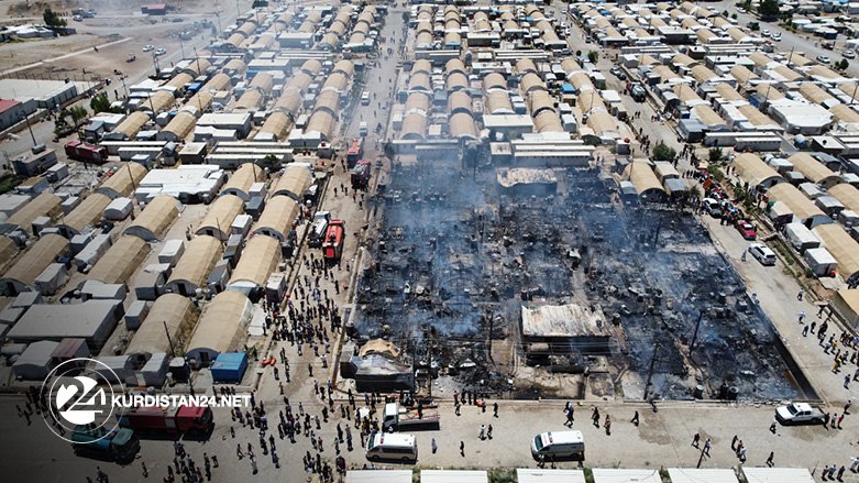 An aerial view of the burned tents in the  Bajid Kandala internally displaced person camp in the Kurdistan Region's Duhok province, June 30, 2022 (Photo: Star Ahmed/Kurdistan 24)