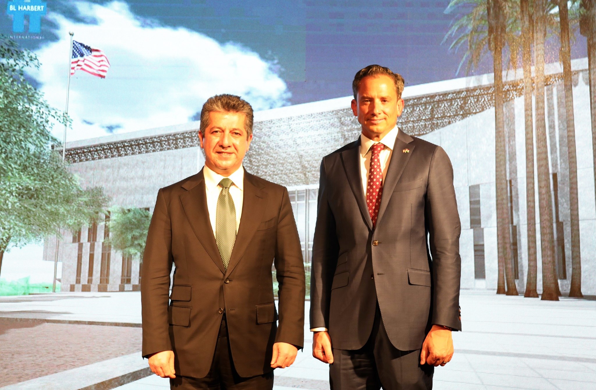 Outgoing US Consul General Robert Palladino poses for a photo with Kurdistan Region Prime Minister Masrour Barzani (left) during the structural completion ceremony for the new US diplomatic mission in Erbil (Photo: US Consulate General Erbi