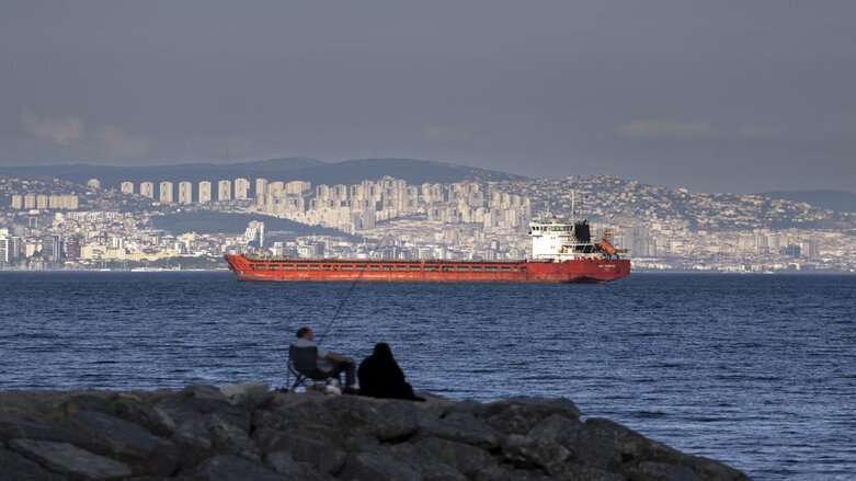 A family sit on a rock in front of a cargo ship anchors in the Marmara Sea awaits to access to cross the Bosphorus Straits in Istanbul, Turkey, on July 13, 2022 (Photo: Khalil Hamra/AP/File)