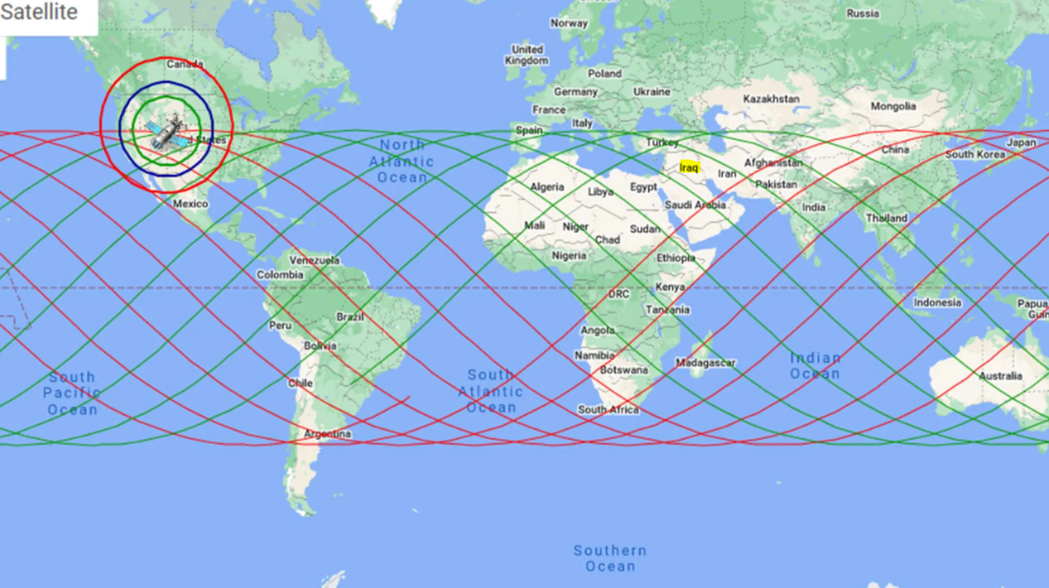 هێڵە سەوز و سوورەکان ئاماژەن بۆ ئەوەی مانگی دەستکردەکە لە کوێ دەکەوێت