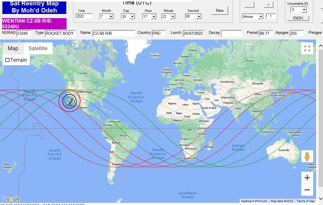 نوێترین نەخشەی پێشبینیکراو، هێڵە سەوز و سوورەکان ئاماژەن بۆ ئەوەی مانگی دەستکردەکە لە کوێ دەکەوێت