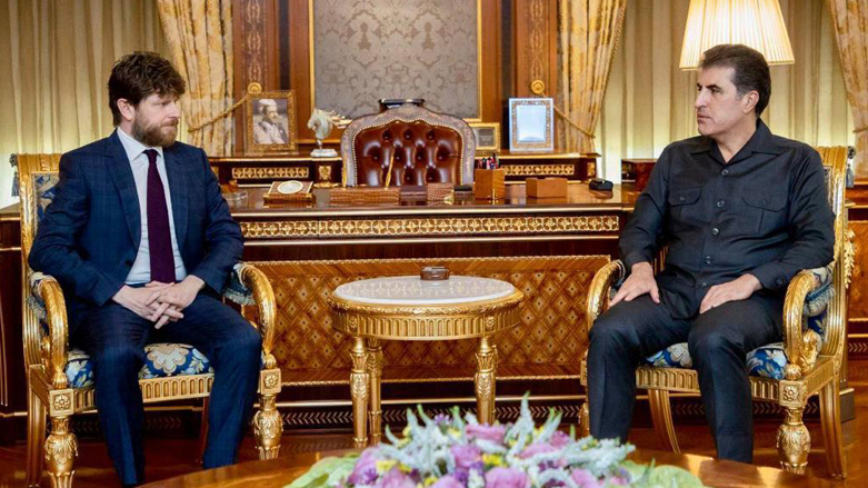 Kurdistan Region President Nechirvan Barzani (right) during his meeting with outgoing French Consul General in Erbil Olivier Decottignies, July 2, 2023. (Photo: Kurdistan Region Presidency)