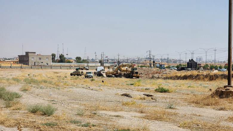 The Hashd al-Shaabi excavators and loaders are pictured working to dig the foundation of a military base, which has caused ire among the Kurdish residents in the area, July 4, 2023. (Photo: Soran Kamaran/Kurdistan 24)