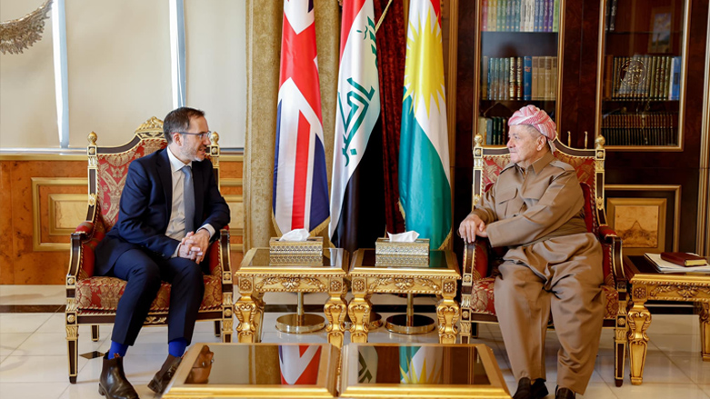 KDP President Masoud Barzani (right) during his meeting with outgoing British Ambassador to Iraq Mark Bryson-Richardson in Erbil, July 6, 2023. (Photo: Barzani Headquarters)