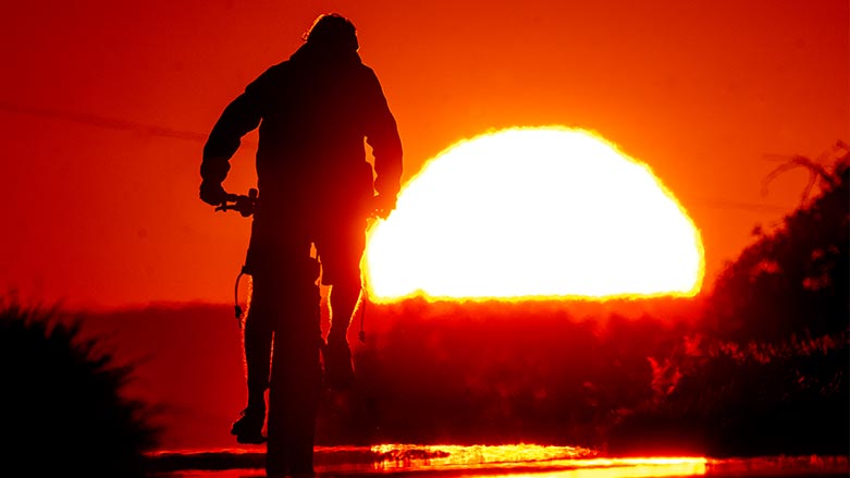 A man rides a bike on a small road on the outskirts of Frankfurt, Germany, as the sun rises, July 7, 2023. (Photo: AP/Michael Probst)