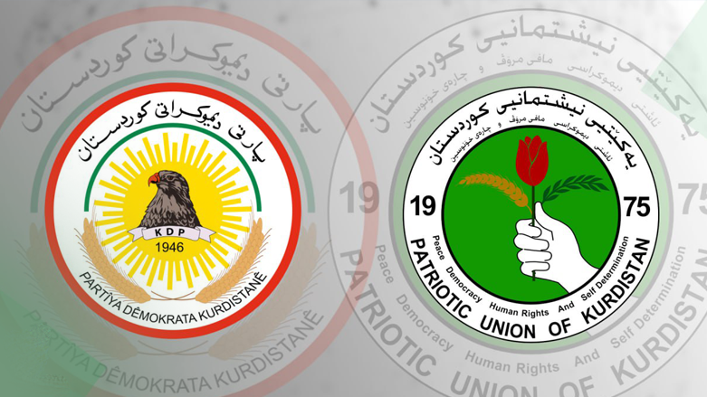 لۆگۆی یەکێتیی نیشتمانی کوردستان (راست) و لۆگۆی پارتی دیموکراتی کوردستان (چەپ)