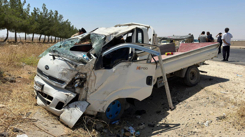 A crashed Kia truck is pictured following the accident, in which one died and 29 others were wounded in Zakho, July 13, 2023. (Photo: Ramadan Salih/Kurdistan 24)