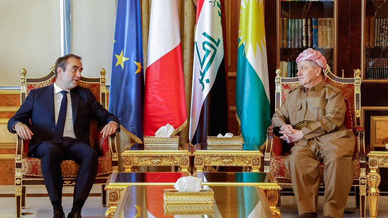 KDP President Masoud Barzani (right) during his meeting with French Minister of Armed Forces Sébastien Lecornu in Erbil, July 20, 2023. (Photo: Barzani Headquarters)