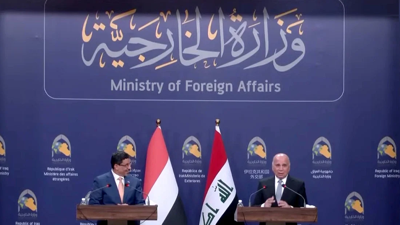 Fuad Hussein, Iraq's Foreign Minister (right), during a presser conference with his counterpart Ahmed Awad Ben Moubarak, July 23, 2023. (Photo: AFP)