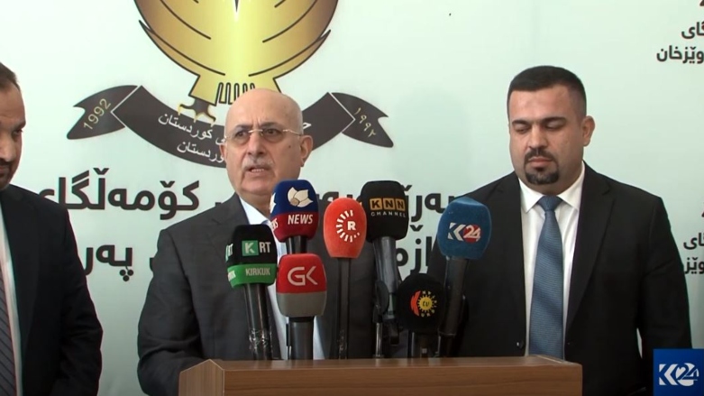 KRG Minister of Finance and Economy Awat Janab Noori (middle) during the presser, July 23, 2023. (Photo: Kurdistan 24)