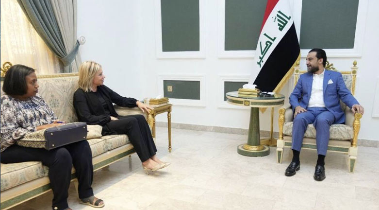 Iraqi Speaker of Parliament Mohammad al-Halboosi (right) during his meeting with Special Representative of the United Nations Secretary-General for Iraq Jeanine Hennis-Plasschaert, July 26, 2023. (Photo: INA)