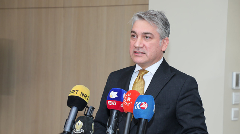Head of KRG Department of Media and Information Jotiar Adil speaking during a presser in Erbil, where he launched the Sako Project to debunk fake news and mis/disinformation against the KRG, July 31, 2023. (Photo: KRG)