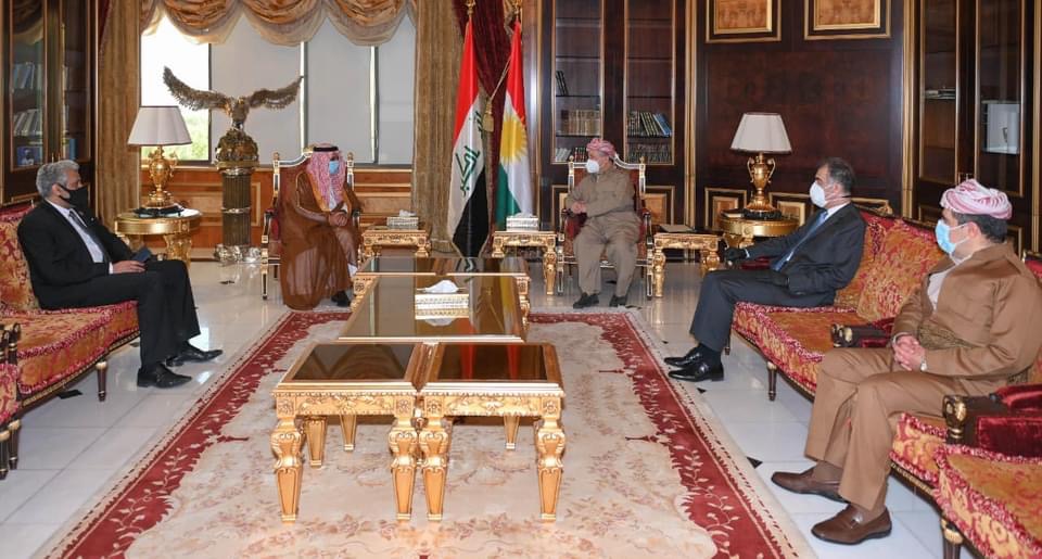 President Masoud Barzani (top right) is pictured during his meeting with KSA Consul General Mohammad bin Sulaiman al-Asiri in Erbil, June 3, 2021. (Photo: Barzani Headquarter)