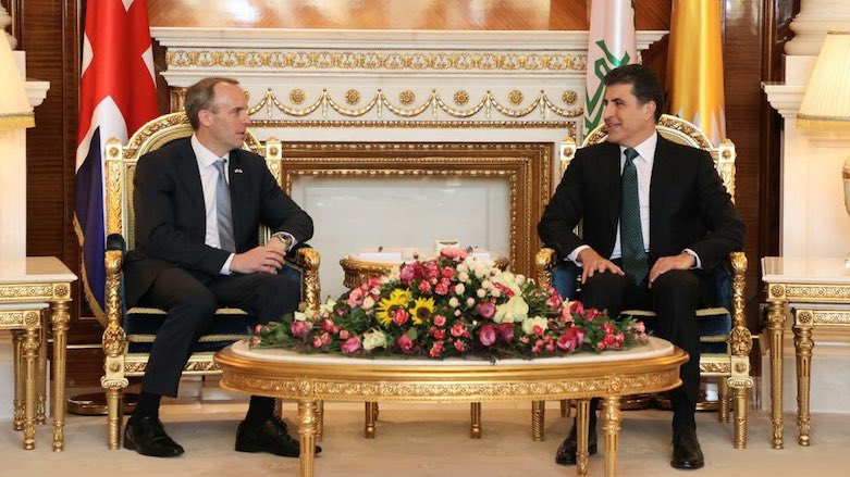 Kurdistan Region President Nechirvan Barzani (R) met UK Foreign Secretary Dominic Raab in Erbil on June 9, 2021. (Photo: KRG)
