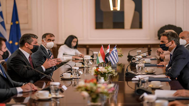 Kurdistan Region Prime Minister Masrour Barzani and a KRG delegation (left) met Greek Prime Minister Kyriakos Mitsotakis in Athens on June 11, 2021. (Photo: KRG)