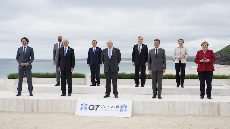 G7 leaders pose for the family photo at the start of the G7 summit in Carbis Bay, Cornwall on June 11, 2021. (Photo: Patrick Semansky/AFP)