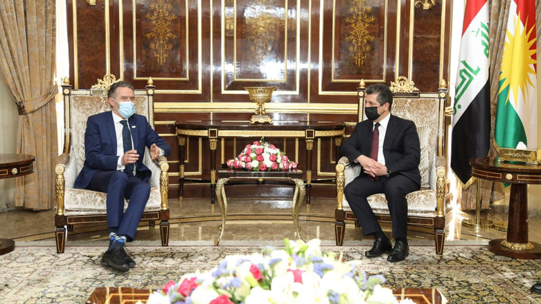 Kurdistan Region Prime Minister Masrour Barzani (right), meets with with Ib Petersen, Deputy Executive Director of the United Nations Population Fund (UNFPA), June 21, 2021. (Photo: KRG)