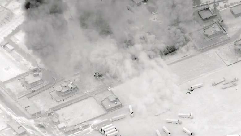 Screenshot from a video released by US Central Command showing airstrikes against suspected PMF militia storage facilities in as-Sikak near the Syria-Iraq border, June 27, 2021. (Photo: Jack Holt/US CENTCOM via Kurdistan 24)