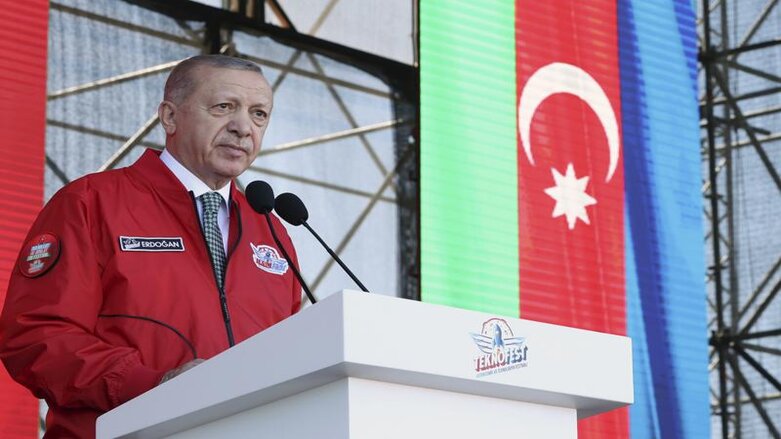 Turkey's President Recep Tayyip Erdogan speaks at a Turkish Technology and Aviation festival, held abroad for the first time, in Baku, Azerbaijan, May 28, 2022. (Photo: Turkish Presidency via AP)