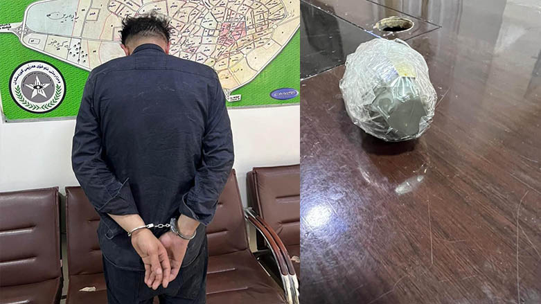 تۆمەتبارەکە و ئەو نارنجۆکەی کە دەستی بەسەرداگیراوە