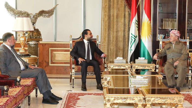 Kurdistan Democratic Party (KDP) President Masoud Barzani in meeting with Leaders of Al-Siyada Sunni Alliance Mohammed Al-Halbousi and Khamis al-Khanjar, Erbil, Kurdistan Region, June 11, 2022. (Photo: Barzani headquarters)