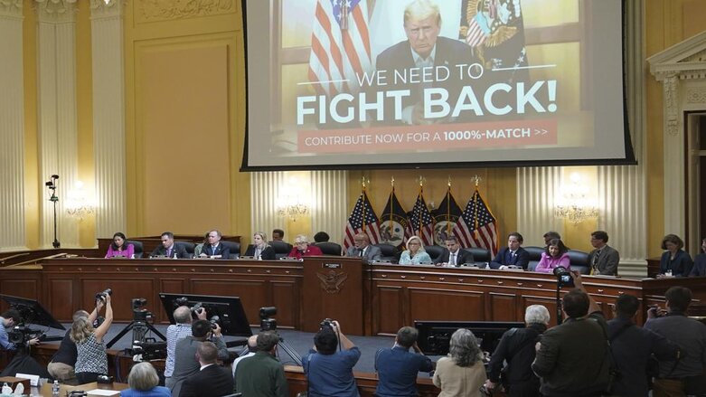 A video of former President Donald Trump speaking is displayed as the House select committee investigating the Jan. 6 attack on the US Capitol continues to reveal its findings, June 13, 2022. (Photo: Mandel Ngan/Pool via AP)
