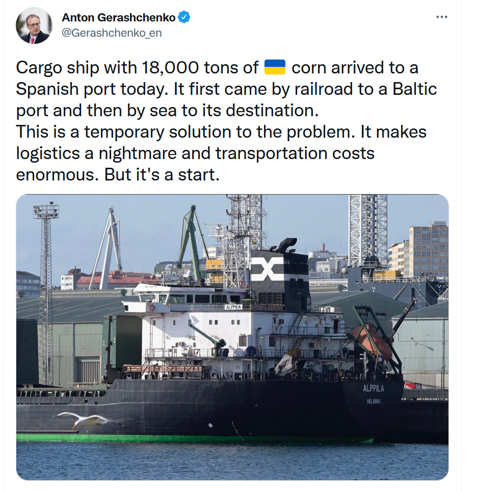 راوێژكاری وه&zwnj;زاره&zwnj;تی ده&zwnj;ره&zwnj;وه&zwnj;ی ئۆكرانیا: توانرا یه&zwnj;كه&zwnj;م كاروانی دانه&zwnj;وێڵه&zwnj; له&zwnj; رێگه&zwnj;ی به&zwnj;نده&zwnj;رێكی ئیسپانیاوه&zwnj; هه&zwnj;نارده&zwnj;ی بازاڕه&zwnj;كانی جیهان بكرێت