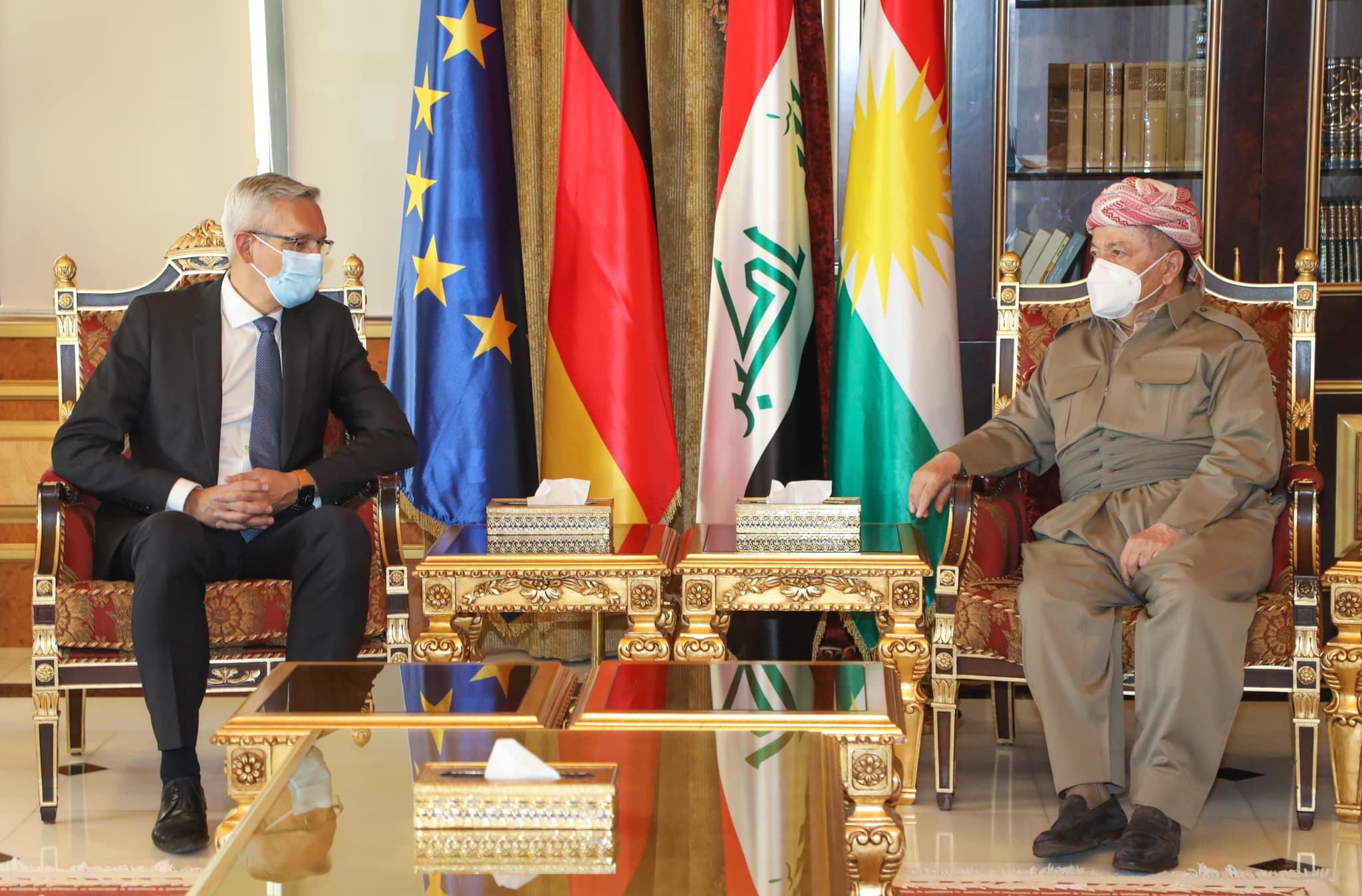President Masoud Barzani of the Kurdistan Democratic Party (KDP) (right) during his meeting with German Ambassador to Iraq Martin Jaeger, June 21, 2022. (Photo: KRG)