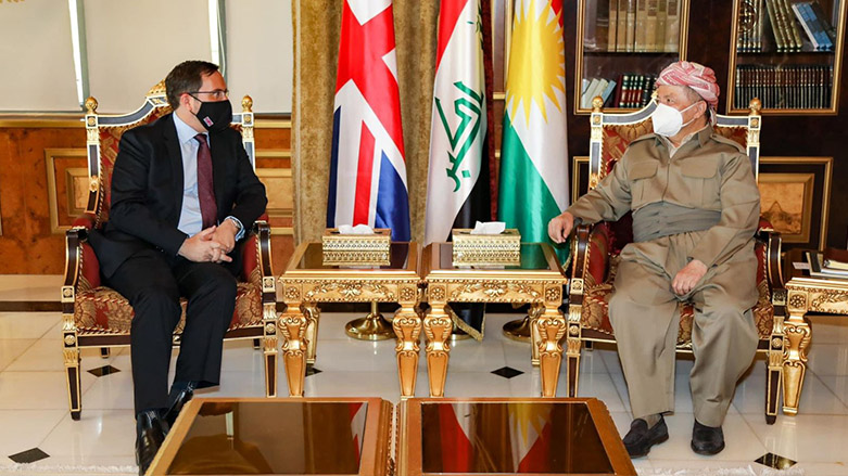 Kurdistan Democratic Party (KDP) President Masoud Barzani in meeting with British Ambassador to Iraq Mark Bryson-Richardson in Erbil, June 30, 2022 (Photo: Barzani Headquarters)
