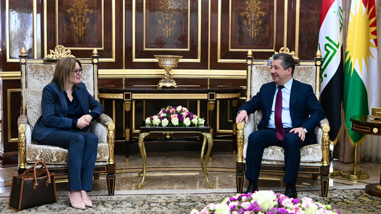 Kurdistan Region Prime Minister Masrour Barzani (right) during his meeting with Swedish Ambassador to Iraq Jessica Svardstrom in Erbil, June 5, 2023. (Photo: KRG)