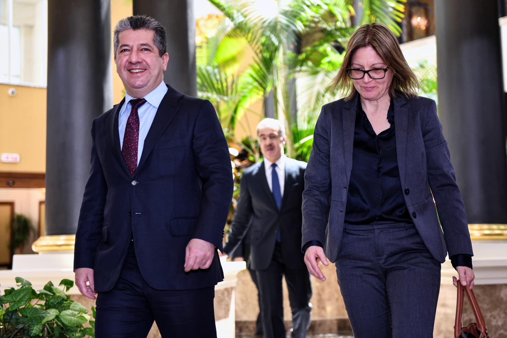 Kurdistan Region Prime Minister Masrour Barzani (left) walking alongside Swedish Ambassador to Iraq Jessica Svardstrom in Erbil, June 5, 2023. (Photo: KRG)