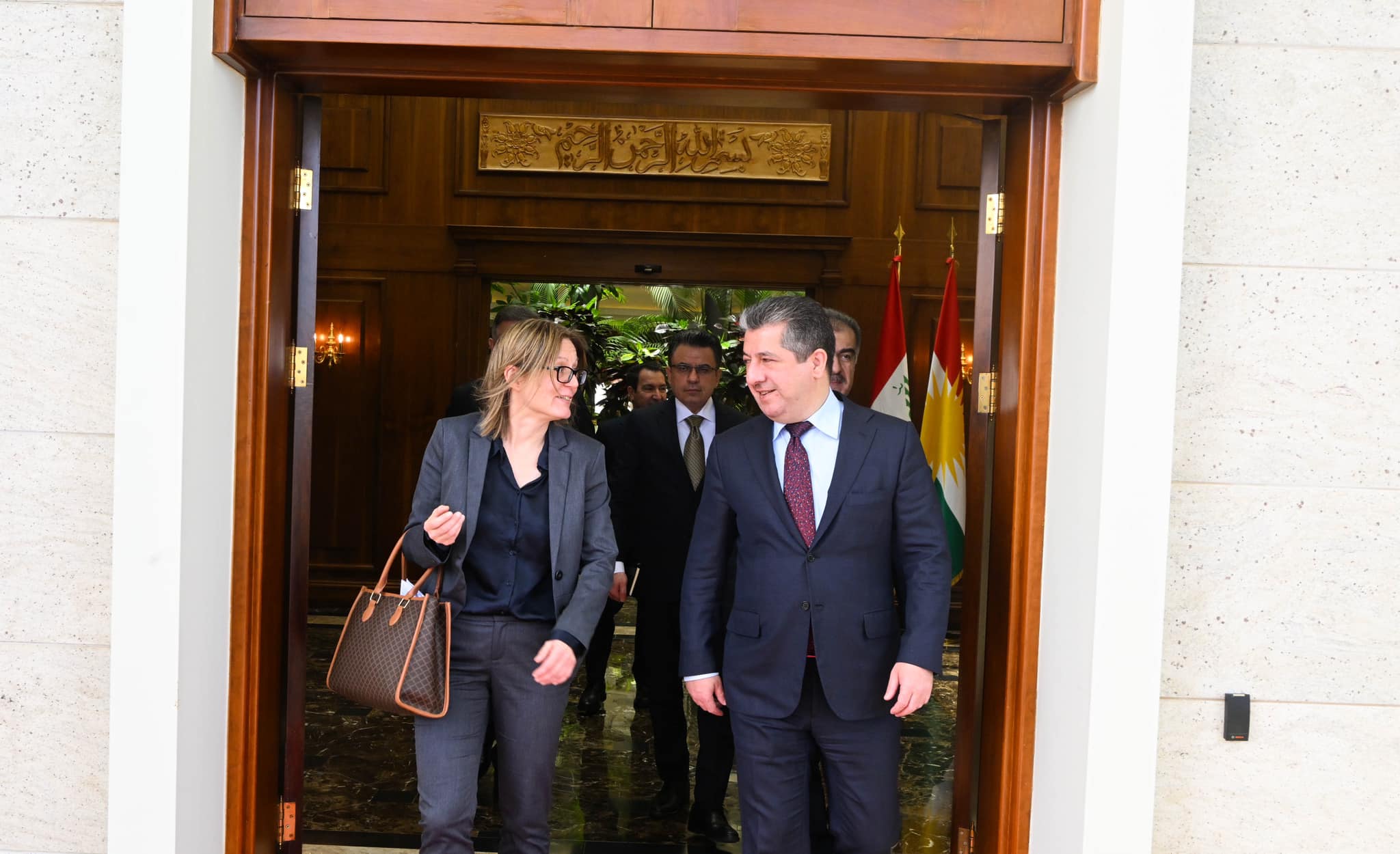 Kurdistan Region Prime Minister Masrour Barzani (right) walking alongside Swedish Ambassador to Iraq Jessica Svardstrom in Erbil, June 5, 2023. (Photo: KRG)