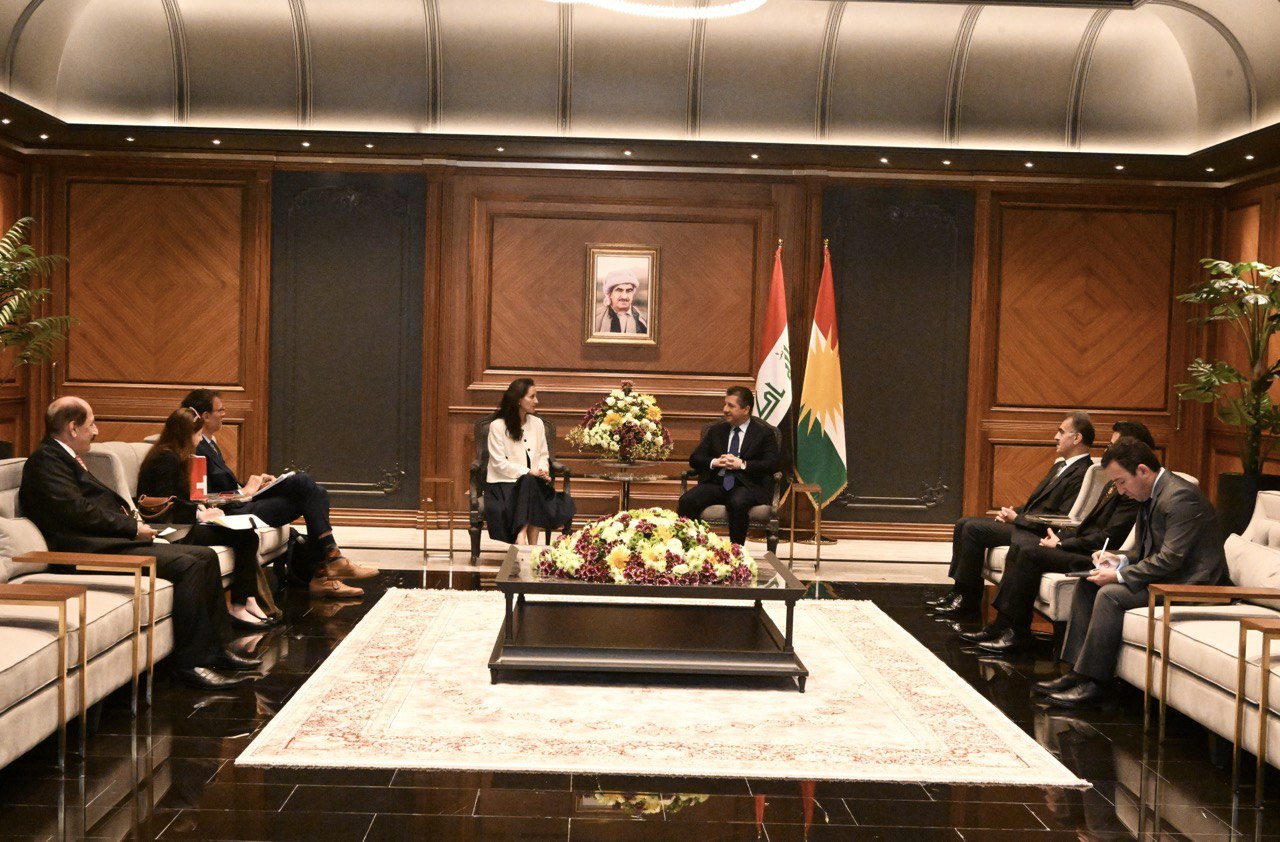 Kurdistan Region Prime Minister Masrour Barzani (top right) during his meeting with Ambassador of Switzerland to Jordan and Iraq, Emilija Georgieva, June 6, 2023. (Photo: KRG)