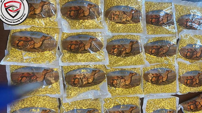 The seized Captagon pills packaged in bags featuring a dromedary image in the northern province of Nineve, June 13, 2023. (Photo: Iraqi National Security Service/ AFP)