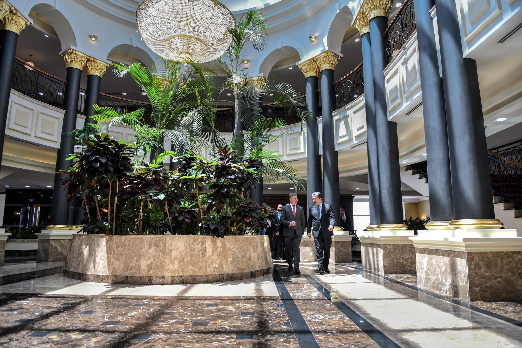 Kurdistan Region Prime Minister Masrour Barzani (right) walking alongside Basam Salim, the head of Iraqi Communications and Media Commission, in Erbil, June 15, 2023. (Photo: KRG)