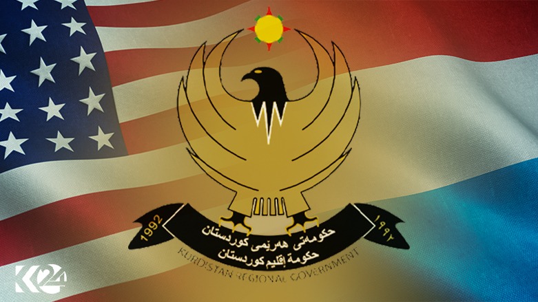A combination of the Netherlands and US flags and KRG emblem. (Photo: Designed by Kurdistan 24)