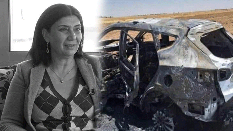 Yousra Darwish and the vehicle that was targeted by Turkish drone strike. (Photo: Designed by Kurdistan 24)