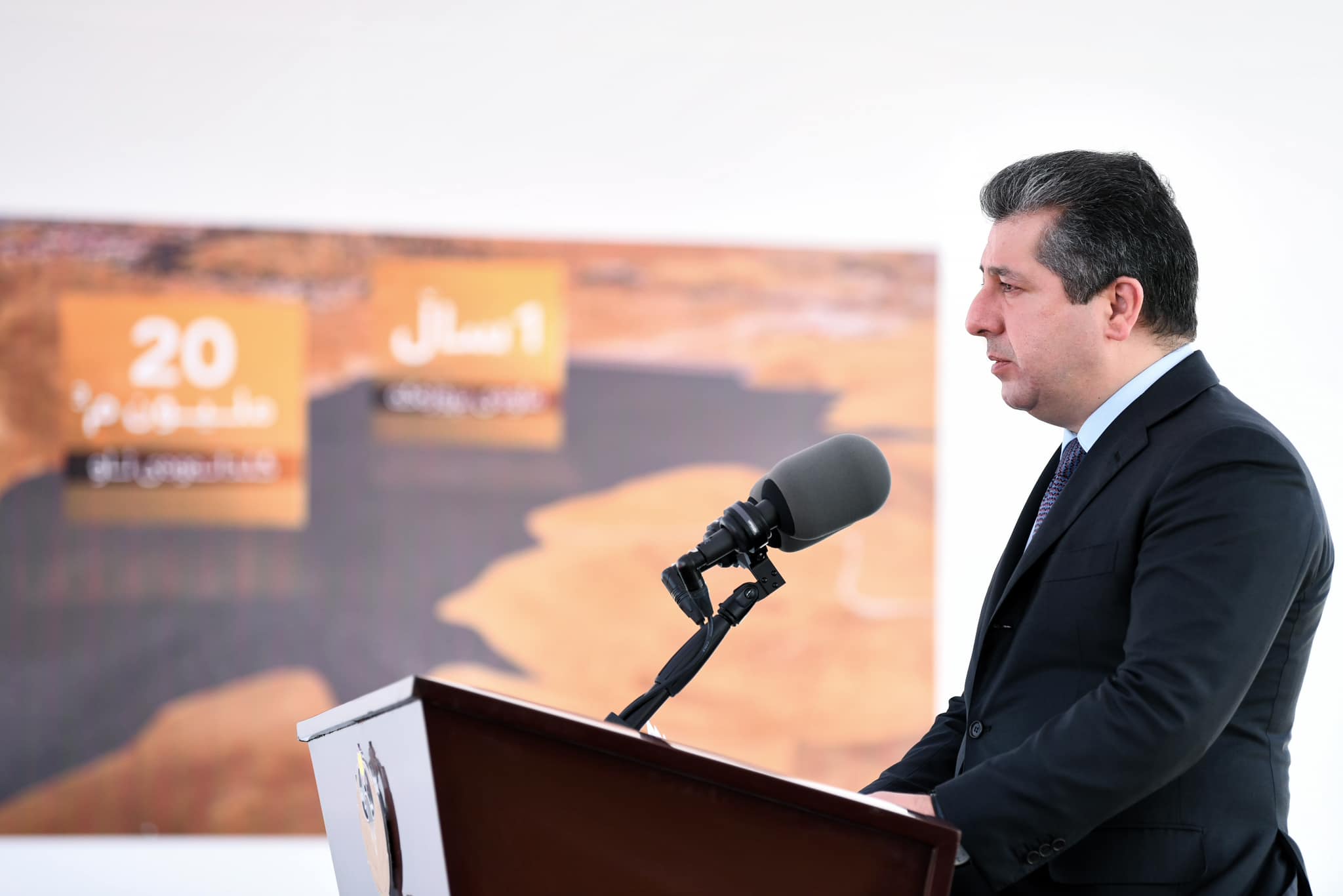 Kurdistan Region Prime Minister Masrour Barzani delivering remarks at a ceremony to lay the foundation stone of Bastora Dam in Erbil, June 24, 2023. (Photo: KRG)