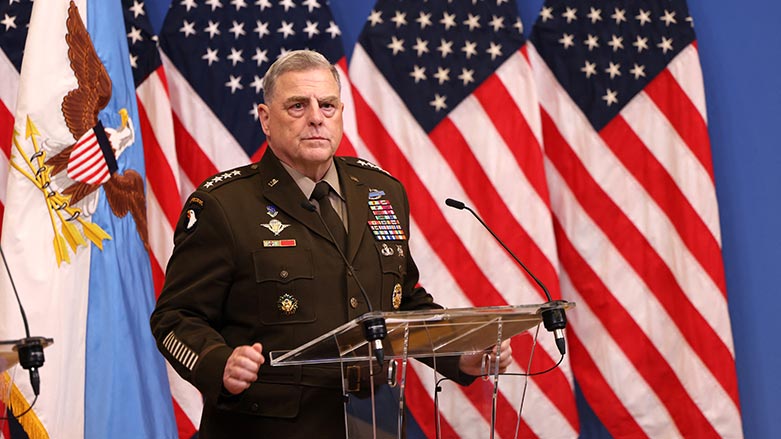 US Chairman of the Joint Chiefs of Staff US General Mark A Milley gives a press conference with US Secretary of Defense Lloyd Austin (unseen) at the NATO headquarters in Brussels, on June 15, 2023. (Photo: Simon Wohlfahrt/ AFP)