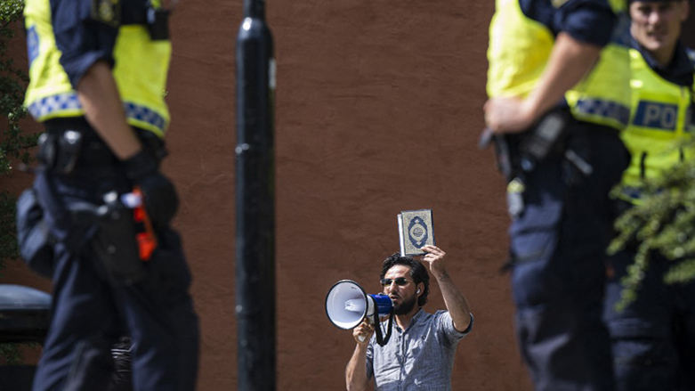 Salwan Momika, a member of the Iraqi diaspora community in Sweden, protests outside a mosque in Stockholm, June 28, 2023. (Photo: Jonathan Nackstrand/AFP)