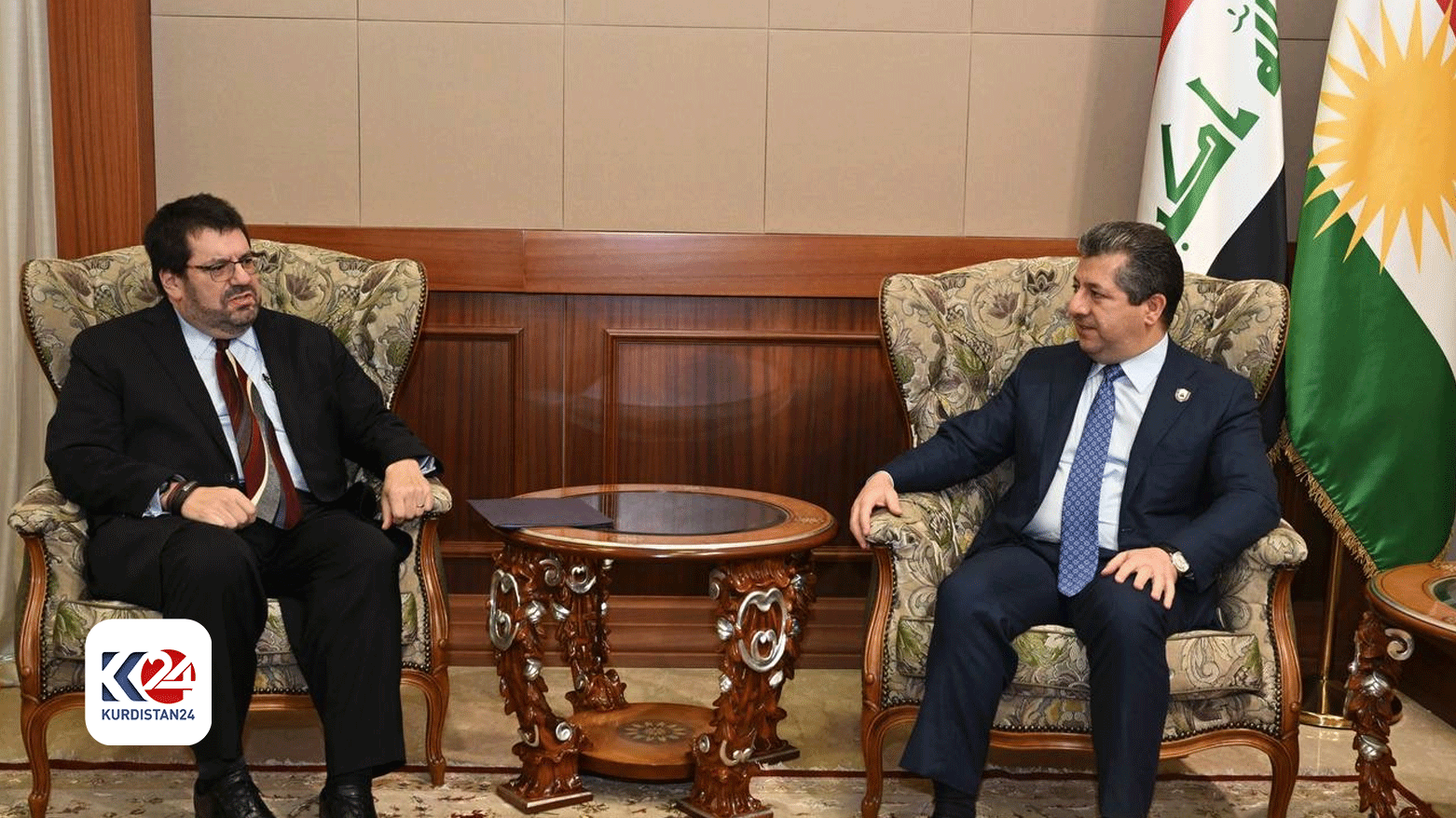Kurdistan Region Prime Minister Masrour Barzani (right) during his meeting with David Burger, Deputy Chief of Mission at the US Embassy in Baghdad, June 2, 2024. (Photo: KRG)