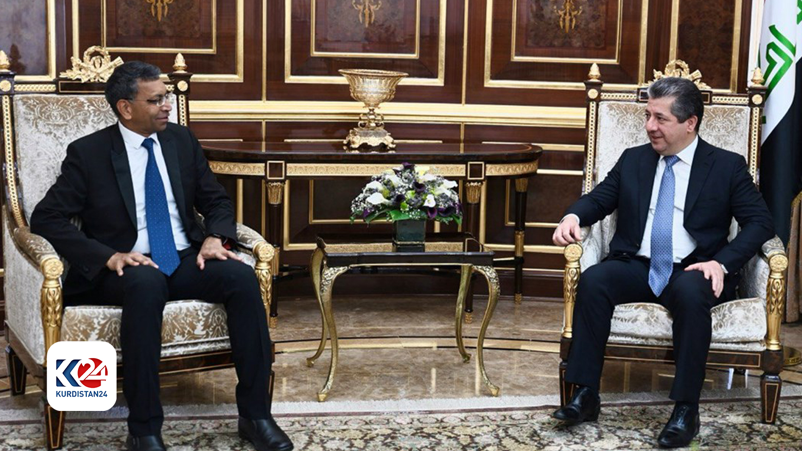 KRG PM Masrour Barzani (R) and Indian Ambassador to Iraq, Prashant Pise (L). (Photo: Kurdistan 24)