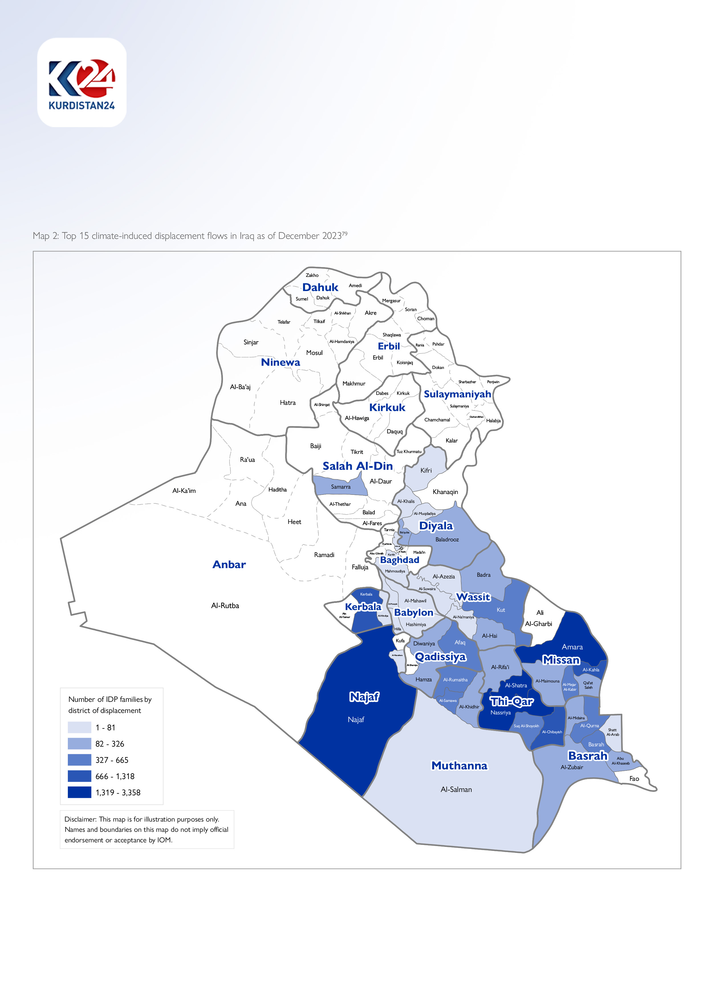 The areas in Iraq and Kurdistan Region where IDPs are more congested. (Photo: Kurdistan 24)
