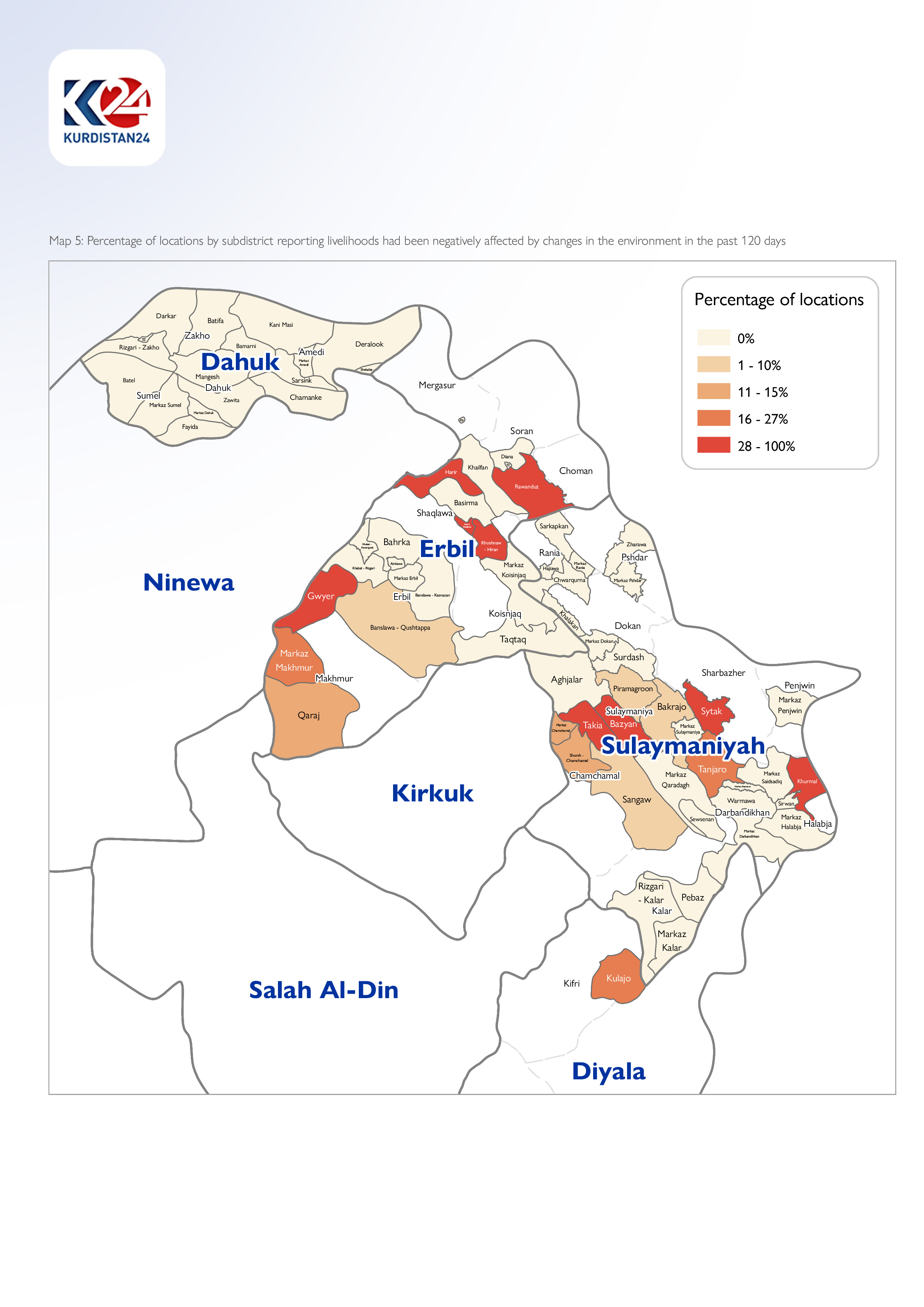 Map 5: Percentage of locations by subdistrict reporting livelihoods had been negatively affected by changes in the environment in the past 120 days