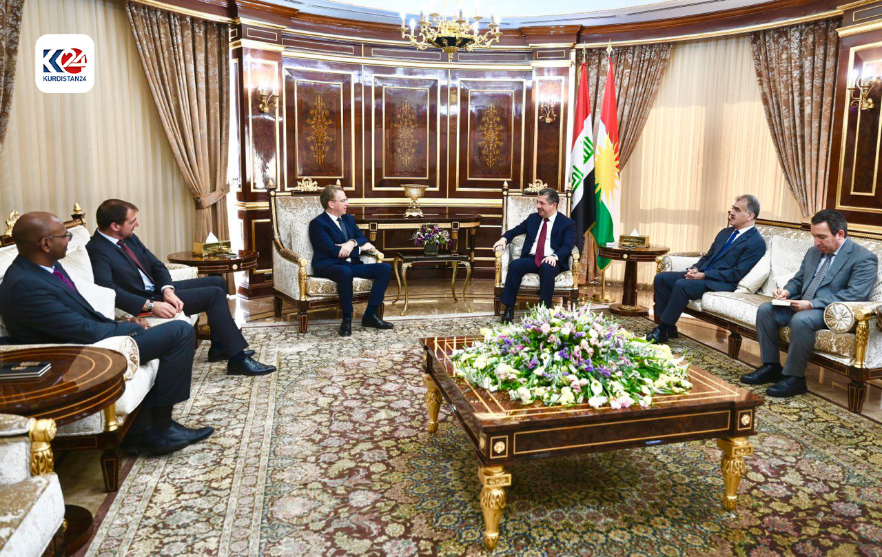 Kurdistan Region Prime Minister Masrour Barzani (top right) during his meeting with the new French Ambassador to Iraq, Patrick Dorrell, June 12, 2024. (Photo: KRG)