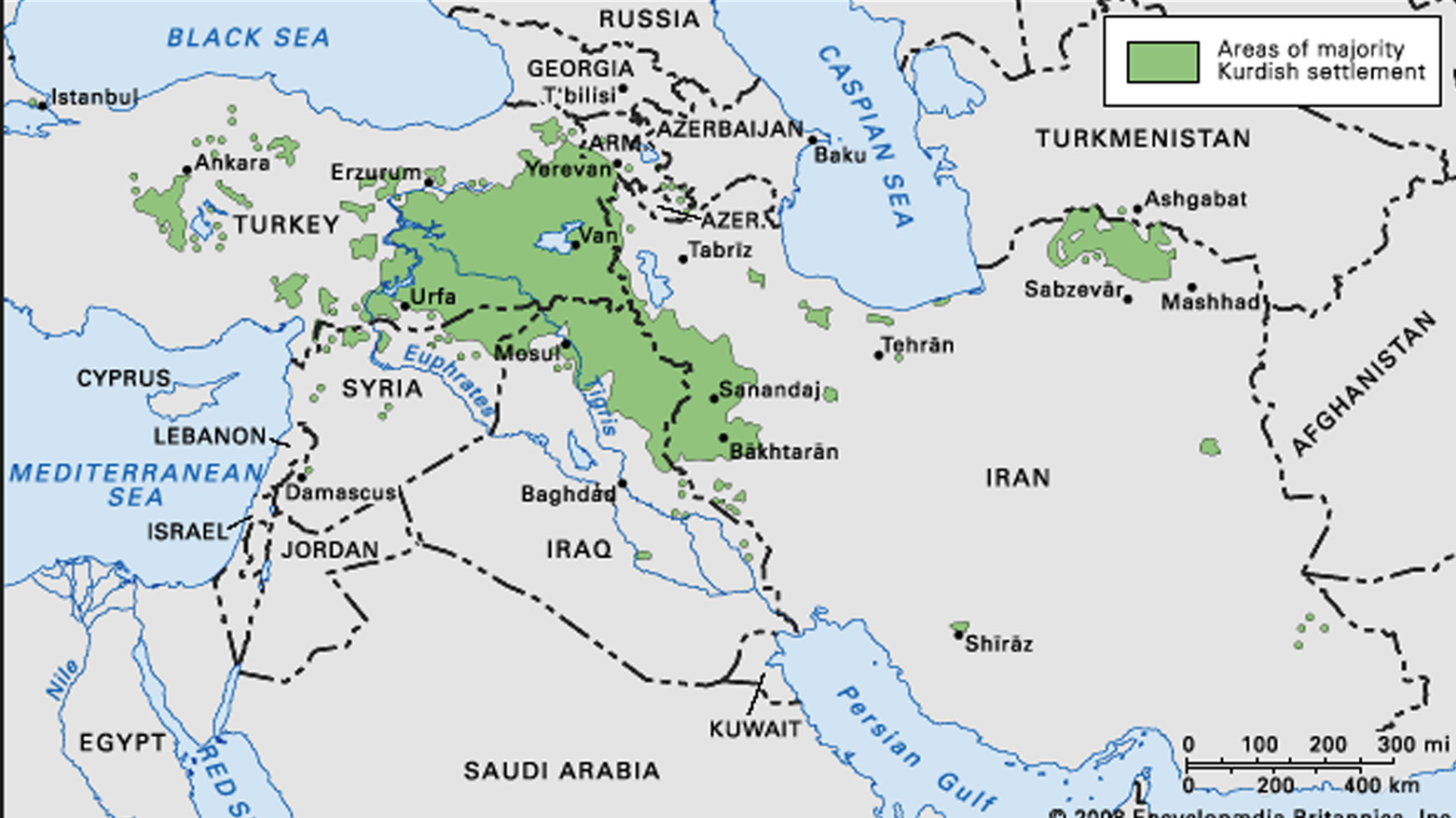The map from Britannica encyclopedia, highlighted Kurd's inhabited areas with green  